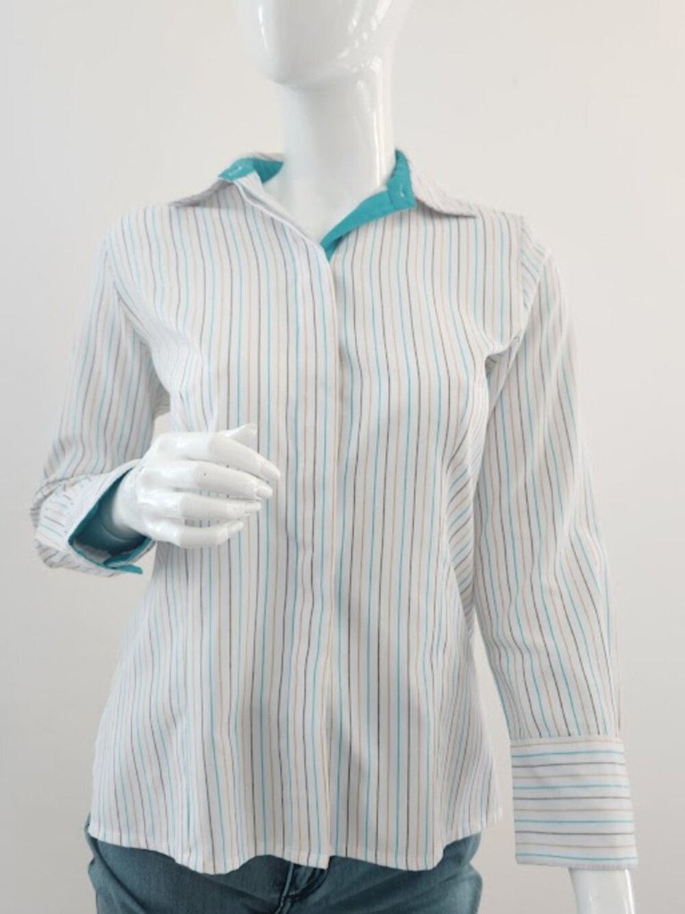 Executive Uniforms Striped Button Down Blouse Shirt XS Teal Blue Tan White - Picture 1 of 16